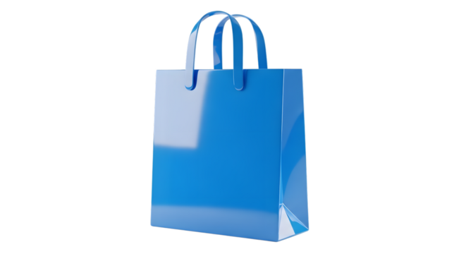 A glossy blue shopping bag with handles, isolated on a transparent background, perfect for retail and ecommerce concepts