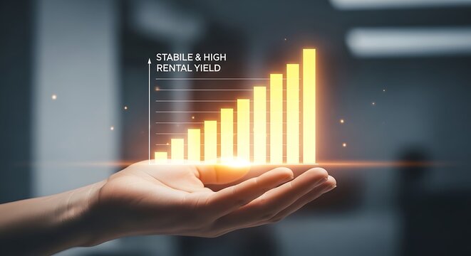 A hand holding a bar graph showing stable and high rental yield, representing investment growth and financial success in the real estate market