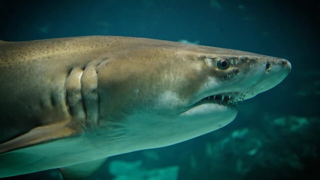 Close-up of a Sand Tiger Shark Swimming in an Aquarium.