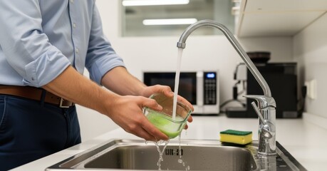 Washing lunchbox, man is washing lunchbox in kitchen sink with running water. Washing lunchbox includes rinsing reusable container after meal, preparation for next workday at office.