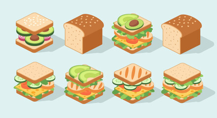 Isometric sandwiches with various fillings, including avocado, cucumber, and cheese, arranged on a light blue background.