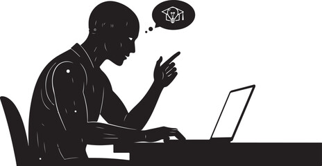 Intelligent student working on laptop finds a great educational idea or creative solution online