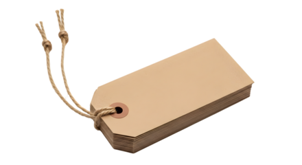 A blank, brown cardboard price tag with two strings attached, isolated on a transparent background