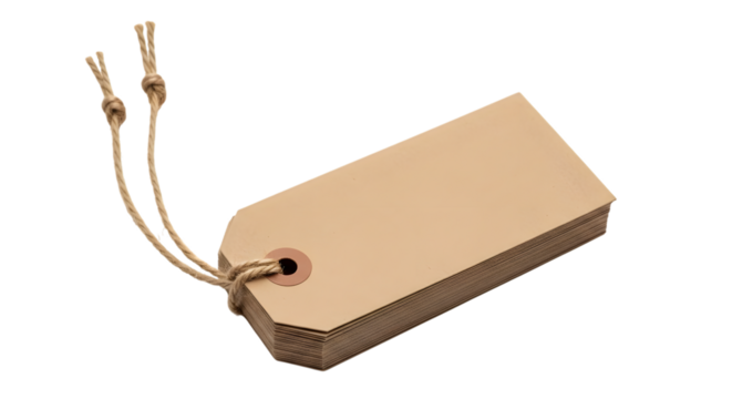 A blank, brown cardboard price tag with two strings attached, isolated on a transparent background