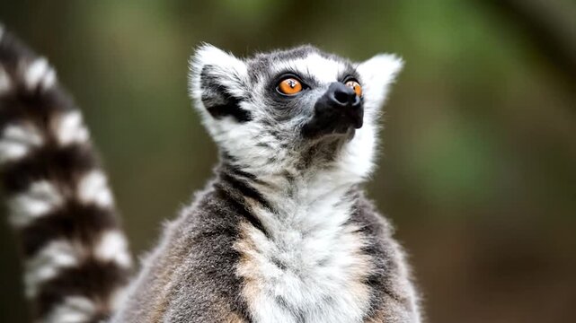 Close-up of a Ring-tailed Lemur with its distinctive striped tail in a natural habitat.