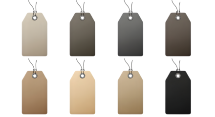 Collection of eight blank gift tags in various neutral colors, isolated on transparent background