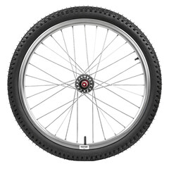 Naklejka premium A detailed front view of a bicycle wheel with a rugged tread tire and metal spokes, isolated against a clean white background for design