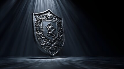 Ornate metal shield with lion emblem illuminated by dramatic light.