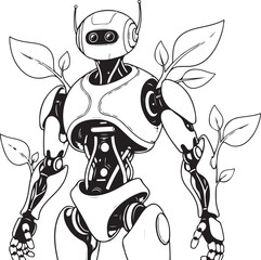 Line art drawing of a futuristic robot with plants growing from its mechanical body