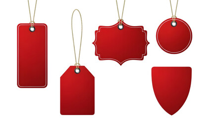 Collection of five red tags in various shapes and sizes, isolated on transparent background