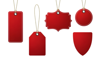 Collection of five red tags in various shapes and sizes, isolated on transparent background