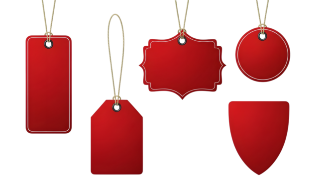 Collection of five red tags in various shapes and sizes, isolated on transparent background