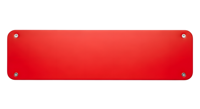 A plain red rectangular sign with rounded corners and four visible screw holes, isolated on transparent background