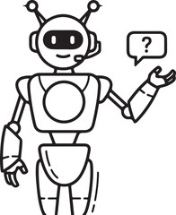 Line art robot with headset asking a question ai customer support assistant
