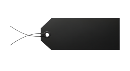 A plain black rectangular tag with a hole and string, isolated on a transparent background
