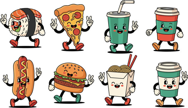 Playful Cartoon Food Characters Walking in a Row - Fun Retro Style Illustrations for Fast Food Advertising, Restaurant Menus, Kids Education, and Culinary Designs - Featuring Sushi, Pizza, Burger, Hot