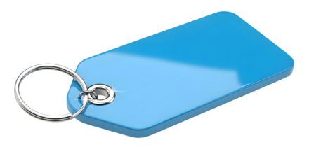A bright blue rectangular keychain with a silver ring, isolated on transparent background