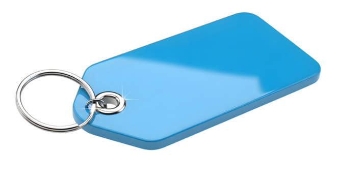 A bright blue rectangular keychain with a silver ring, isolated on transparent background