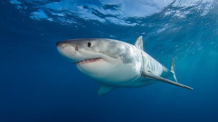 Obraz premium A captivating view of a great white shark swimming gracefully in the ocean, showcasing its powerful body and sharp teeth, highlighting the beauty and danger of marine wildlife in its natural habitat