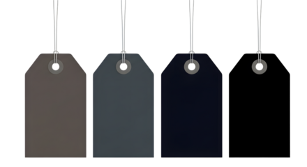 Four dark grey and black blank price tags hanging from strings, isolated on transparent background
