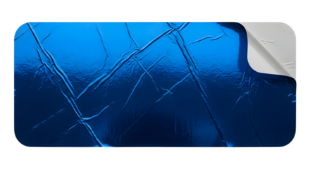 Closeup of a crumpled blue metallic foil sticker with a torn edge, isolated on a transparent background