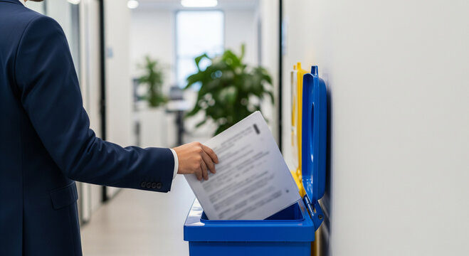 A businessman in a suit throws a document into a blue recycling bin in a modern office hallway, representing waste reduction, environmental responsibility, and paper disposal in a corporate setting