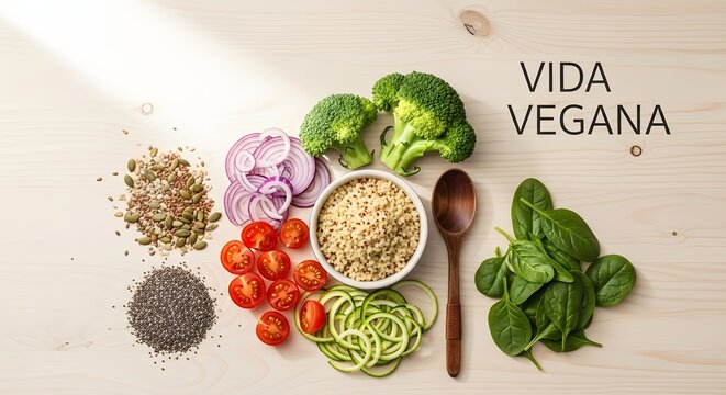 Vida Vegana: A vibrant assortment of plant-based ingredients artfully arranged, celebrating the essence of vegan living and the natural bounty of fresh, wholesome foods.