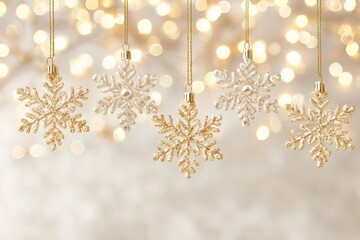 Luxurious gold snowflake ornaments with delicate details hanging elegantly against a soft bokeh background, perfect for festive holiday decorations and seasonal celebrations