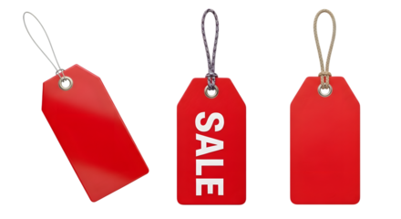 Three red sale tags isolated on transparent background, one with the word sale written vertically, representing commerce and discounts