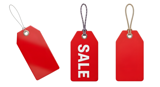 Three red sale tags isolated on transparent background, one with the word sale written vertically, representing commerce and discounts