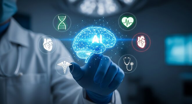 Doctor touching digital brain hologram with medical icons, representing artificial intelligence in medicine, innovative technologies in healthcare, and future of medicine