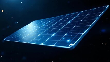 Futuristic solar panel rotating slowly in space, showcasing clean energy technology with glowing particles, promising a sustainable future for all - Powered by Adobe