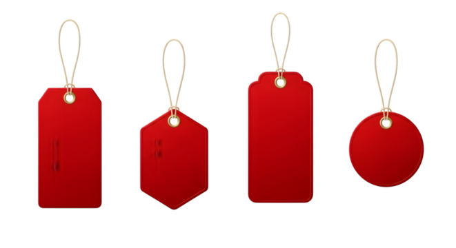 Four red gift tags of various shapes and sizes isolated on transparent background