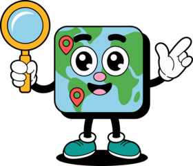 Cute globe character with map pins holds magnifying glass to explore travel locations