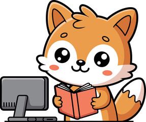 Adorable cartoon fox happily learning with book and computer for educational projects