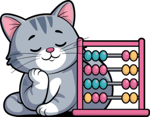 Adorable kitten learning math with abacus, perfect for educational games and materials