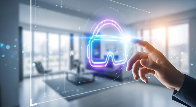 Man touching digital interface with virtual reality glasses in modern office, concept of augmented reality and immersive technology for business and entertainment