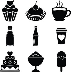 Black Food and Drink Icons Vector Set Cupcake, Coffee, Soda, Cake, and Ice Cream Solid Illustration