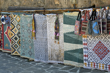 Bright natural handmade carpets  in the oriental bazaar