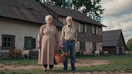 Elderly couple stand outside farmhouse. Older farmer and wife hold basket with fresh harvest. Goat grazes nearby in rural yard. Image shows agriculture lifestyle. Both figures standing calmly content.
