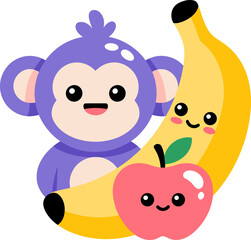 Adorable cartoon monkey with a banana and apple makes a delightful playful design