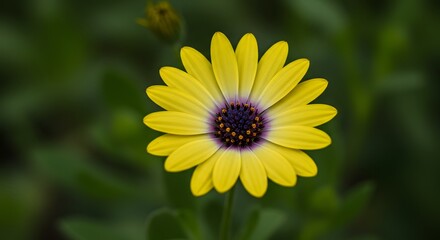 Fototapeta premium Close-up of a bright yellow flower with purple center and green foliage background
