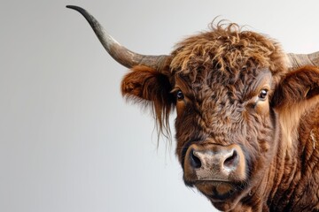 A long haired ox with powerful horns and calm eyes stands bathed in natural light, its warm brown tones reflecting the quiet strength of rural life.