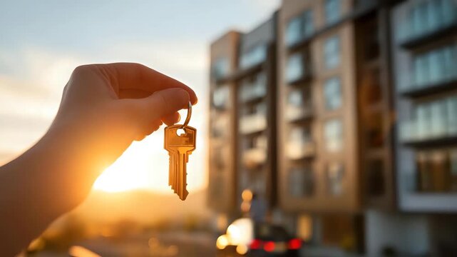 Silhouette of hand holding new home key against the sunlit background of a modern house fa&Atilde;&sect;ade, dream home achieved concept