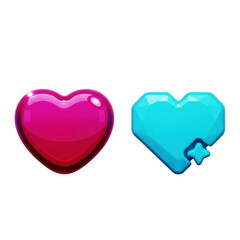 3d icon of two hearts, one glossy pink and one geometric blue, isolated on transparent background