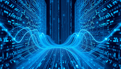 Data Stream: Abstract Visualization of Digital Information Flow, Representing Connectivity, Technology, and the Interconnectedness of the Modern World with Glowing Blue Lines.