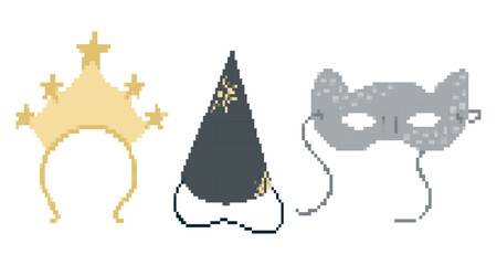 Pixel art vector illustration of festive accessories including a star crown, party hat, and masquerade mask. Concept of new year celebration, costume, and festive party mood
