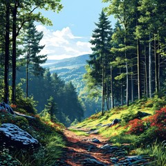 an AI Image Generator, Serene Forest Trail Illuminated by Morning Sunlight and Surrounded