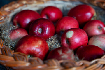 A rustic woven basket filled with fresh, vibrant red apples and dry grass, captured in a warm, natural light. The image evokes a sense of autumn harvest, healthy eating, and natural abundance.