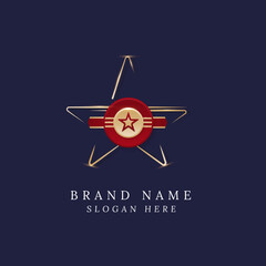 gold star and red rounded badge logo design